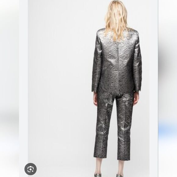 Zadig & Voltaire Vistar Jac Metallic Suit – Silver Foil Blazer + Pants Sz 34/2US - Picture 2 of 16